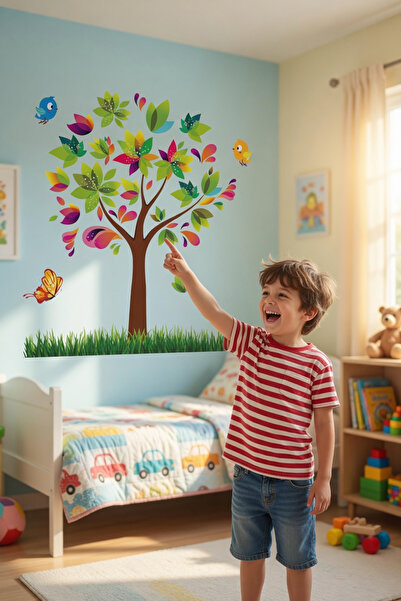 KT Decor Διακόσμηση σπιτιού Πολύχρωμο δέντρο και πουλιά Αυτοκόλλητο τοίχου με...