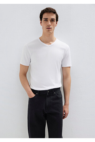 Mavi White V-Neck Rib Detailed Fitted T-Shirt -063748-620
