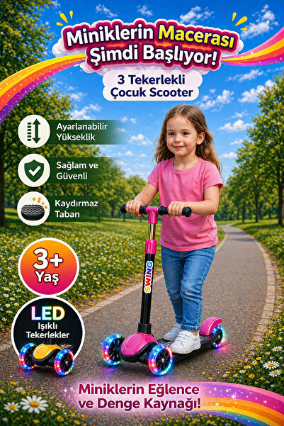 hak-iş oyuncak Swing Işıklı 3 Tekerlekli Scooter Pembe