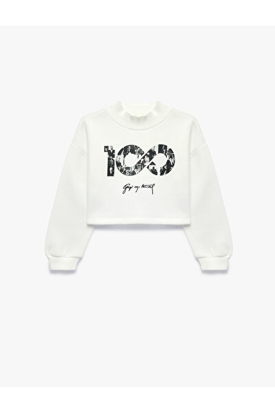 Koton Republic printed Crop φούτερ με μακρυμάνικο λαιμόκοψη με ραβδώσεις