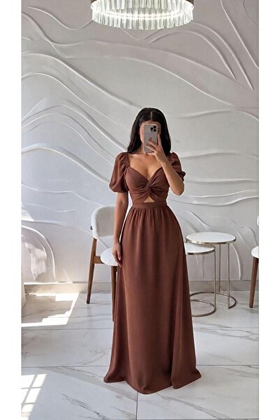 Modafeminen Καφέ Φόρεμα με Λεπτομέρεια Κόμπων, Μακρύ Βραδινό Φόρεμα 583008