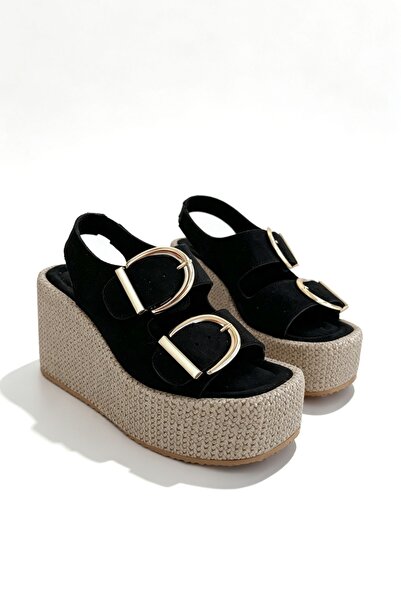 Shoebutik Σανδάλια Nina Black Suede Wedge Heel