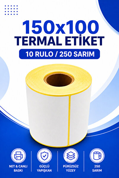 Küresel Etiket Barkod 150x100mm Termal Etiket | 10 Rulo | 250 Sarım | Ribonsu...