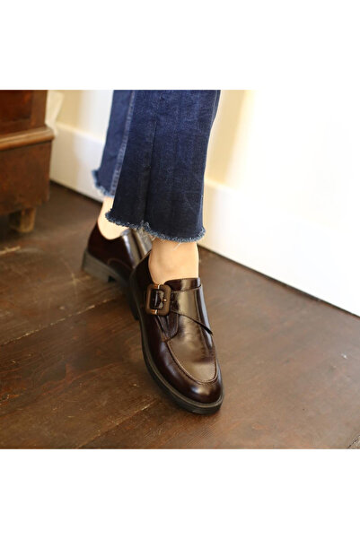 Platin Brown Leather Women's Buckle Casual Shoes