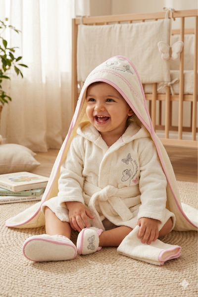 RAMEL 4-Piece Embroidered Baby Girl Bathrobe Set for 0-3 Years Old, 100% Cotton