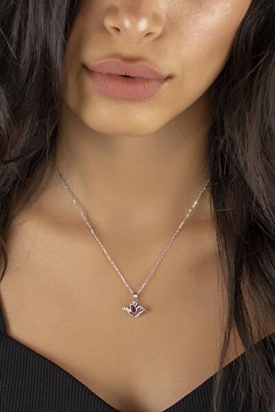 SUNSHINE 925 Ayar Rodyum Kaplamalı Ruby Taşlı Kuş Tasarımlı Gümüş Kolye