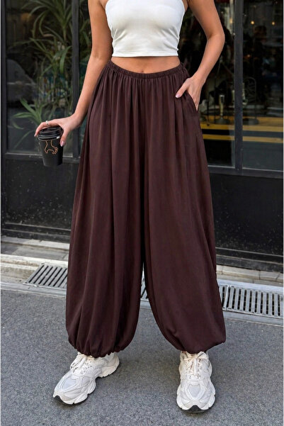 İLKCET MODA Παντελόνι σαλβάρι από ύφασμα Sandy σε καφέ απόχρωση με κορδόνια