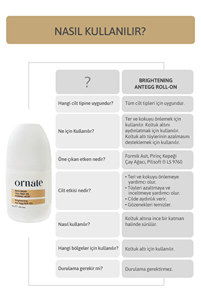 ORNATE Karınca Tüy Azaltıcı Beyazlatıcı, Koku Ve Ter Karşıtı Unisex Doğal Roll On - Aliminyum Içermez