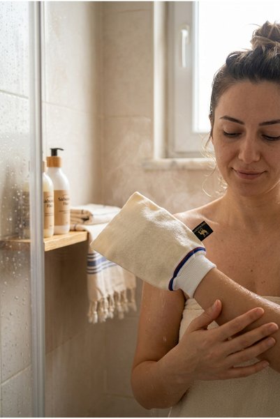 Sabuncu Hacı 100% Flush Thread, Ecru Color Bath and Shower Pouch.Peeling Gloves, For Women And Men