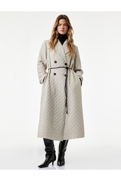 Koton Quilted Belted Coat Long Double-Breasted with Buttons and Pockets