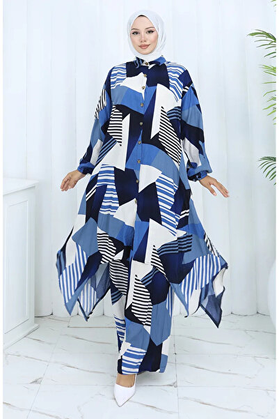 sefamerve Παντελόνι από ύφασμα βισκόζης Τουνίκ Διπλό Σετ 2140-01 Ναυτικό Μπλε