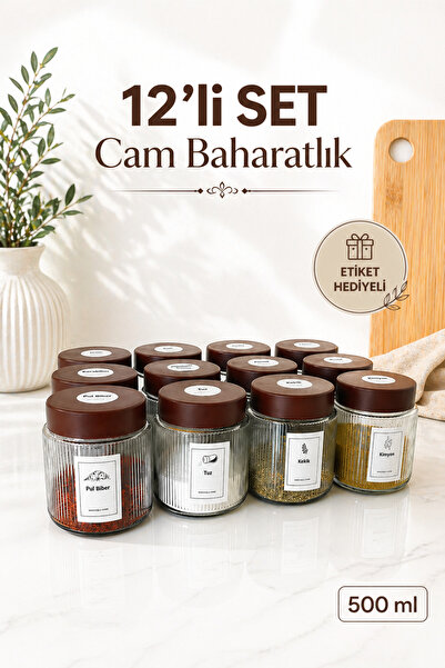 Karçiçeği Home 12'li Dekoratif Mutfak Düzenleyici Cam Baharatlık Etiketli Kav...