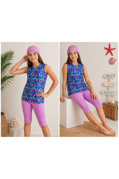 Modomood Κοριτσίστικο μπλουζάκι με γεωμετρικό σχέδιο, σκουφάκι κολύμβησης, κα...