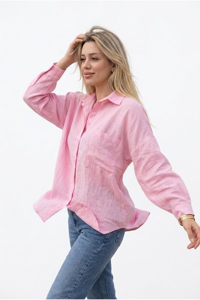 ECOTİQUE Women's Dusty Pink Linen Shirt 100% Real Linen Basic Oversize Linen Long Sleeve with Pockets