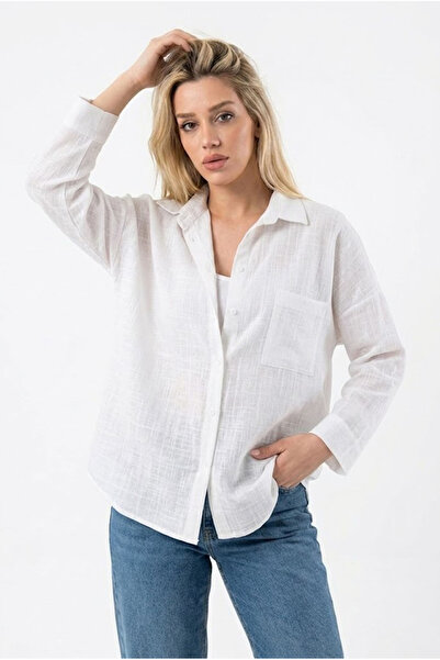 ECOTİQUE Γυναικείο λευκό λινό πουκάμισο, φαρδύ, με τσέπες, 100% βαμβάκι