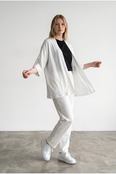 ORLONTEX Women's White Kimono Wrap Top and Bottom Set