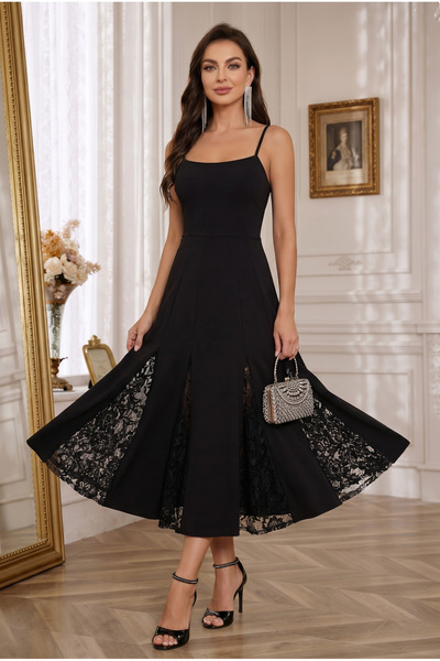 Aysan Moda eteği dantel askı ayarlı fermuarlı elbise