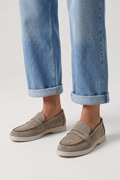 Modezya Γυναικεία Loafer Παπούτσια Martina Beige Suede με Οβάλ Μύτη και Επίπε...