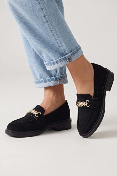 Modezya Γυναικεία Loafer Παπούτσια Barbara Black Suede με λεπτομέρεια αγκράφας