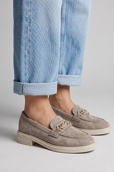 Modezya Γυναικεία Loafer Παπούτσια Barbara σε Σκούρο Μπεζ Σουέντ με Λεπτομέρε...