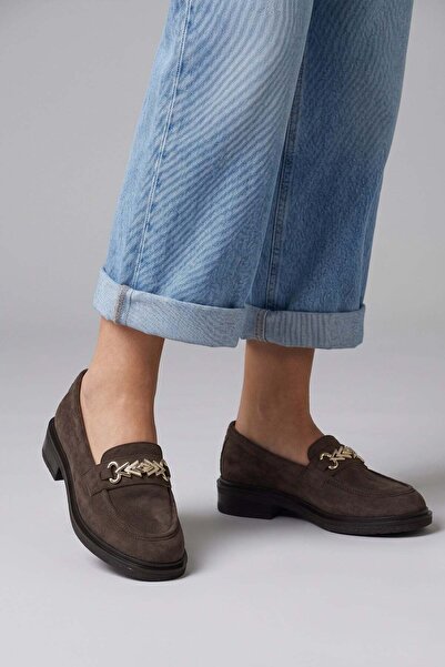 Modezya Γυναικεία Loafer Παπούτσια Barbara Brown Suede με λεπτομέρεια αγκράφας
