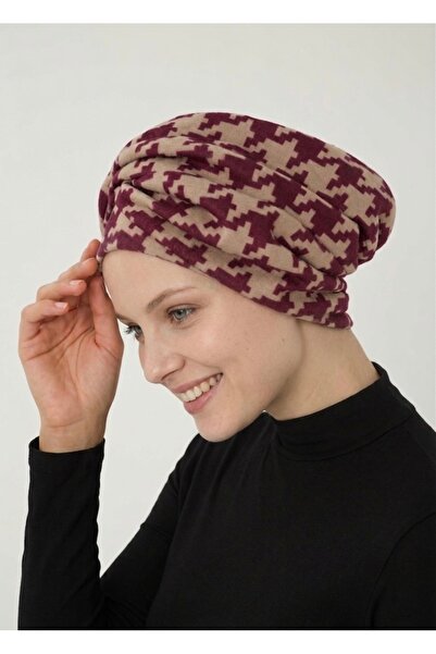 elysianfidan Angora Wool Lined Houndstooth με μοτίβο μπορντό-μπεζ έτοιμο τουρ...