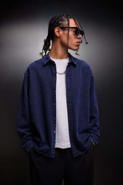 Slatra Men's Indigo Wash Effect Long Sleeve Oversize Shirt