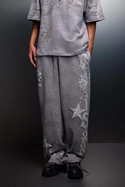 Slatra Ανδρική γκρι φόρμα SuperStar με τύπωμα Washed Effect Baggy
