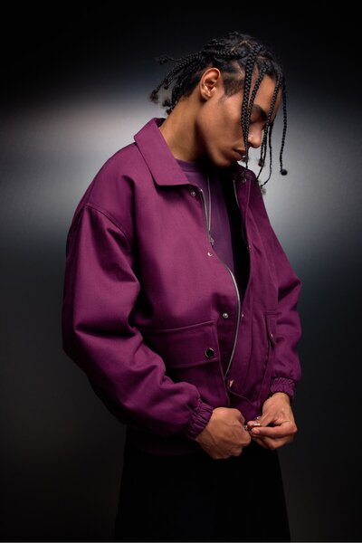 Slatra Men's Plum Oversize Pocketed Gabardine Jacket