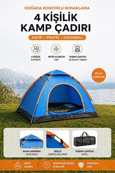 Onetick 4 Kişilik Kamp Çadırı 200*200*135 Cm Kolay Kurulumlu 4 Kişilik Çadır