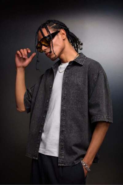 Slatra Men's Anthracite Washed Effect Short Sleeve Oversize Shirt