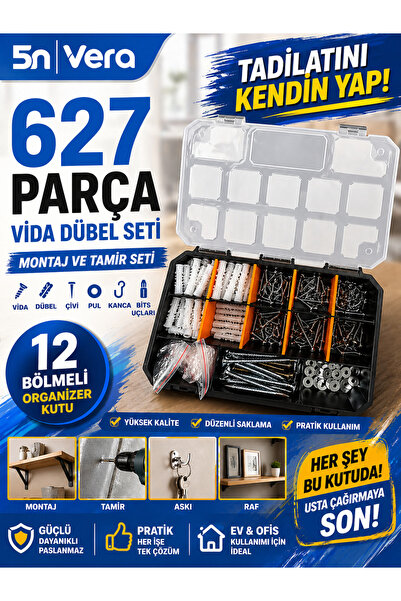 5NVERA 627 Parça Vida Dübel Seti – Organizer Kutu Montaj ve Tamir Seti Çivi P...