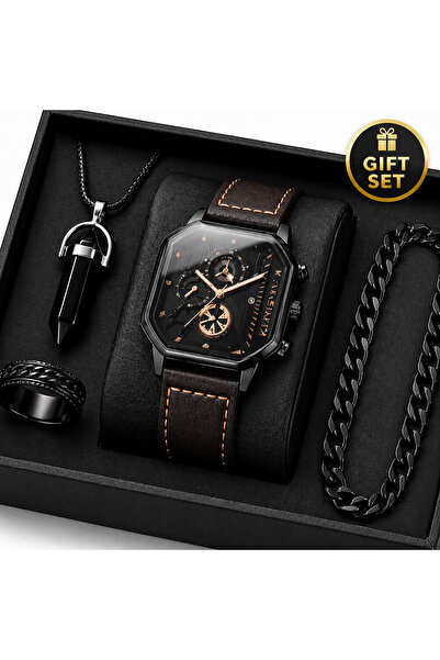 Geneva Platinum Σετ Δώρου Ανδρικό: Μαύρο Ρολόι Χαλαζία + Βραχιόλι Cuban + Δαχ...