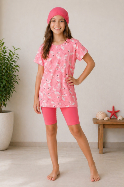 Modomood Κοριτσίστικο μπλουζάκι, σκουφάκι κολύμβησης, καλσόν 3 τεμαχίων Flami...