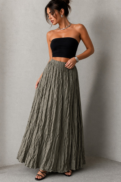 İLKCET MODA Kraşlı Khaki Maxi Length Women's Skirt