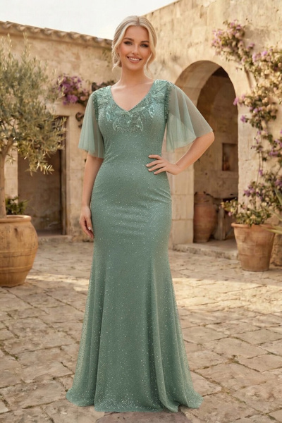 FaBe Fashion KISA TÜL KOLLU YAKASI İŞLEMELİ SİMLİ ÖRME ABİYE ELBİSE