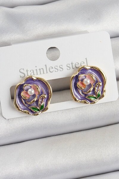 Skygo Brass Purple Enamel Flower Figured Artistic Portrait Model Gold Color W...