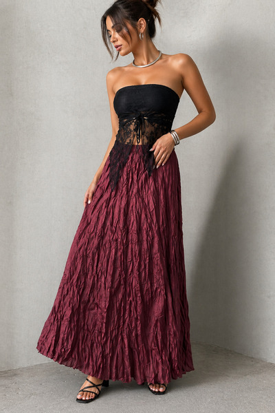 İLKCET MODA Kraşlı Burgundy Maxi Length Women's Skirt