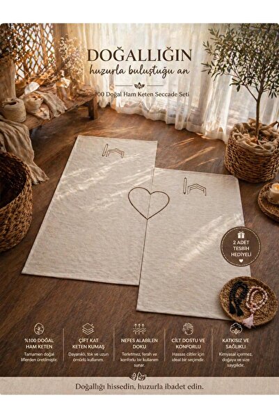 Hig Store Κεντημένο σετ χαλιών προσευχής από 100% φυσικό λινό με χάντρες προσ...