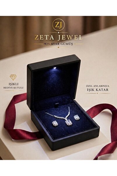 Zeta Jewel 925 Ayar Gümüş Tek Baget Taşlı Kolye Küpe Seti Işıklı Hediye Kutulu