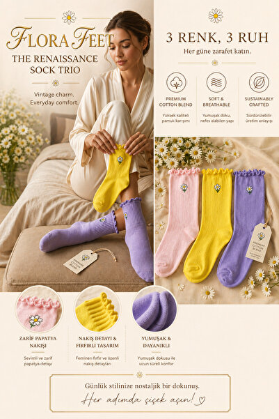 Festival Socks 3’lü Fırfır Detaylı papatya desenli penye Kadın Çorap