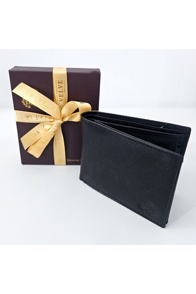 velve Portofel barbati Textured Black, din piele naturala, compartimentat, Ne...
