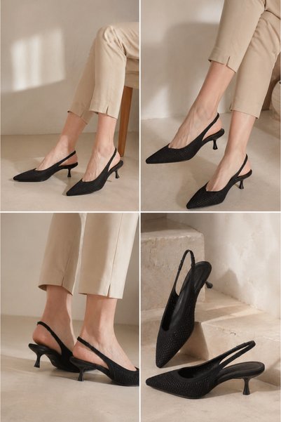 ZİESCE Women's Black Suede Open Back Pointed Toe Low Heel Stiletto Shoes