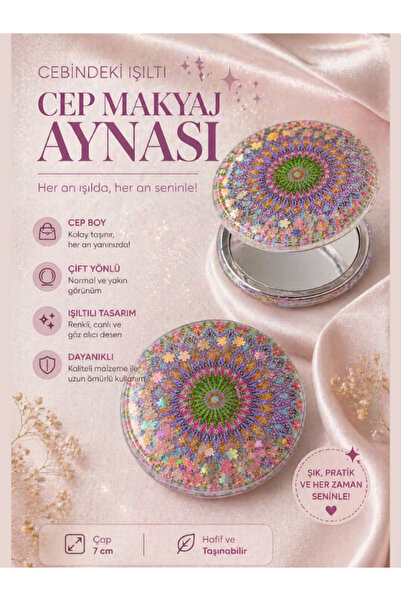 karmabijuteriaksesuar Mor Mandala Desenli Sıvı Simli Yuvarlak Cep Makyaj Ayna...