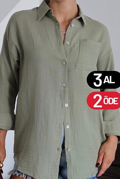 Balenbi Kadın Cepli Oversize Düz Renk Müslin Gömlek 1095