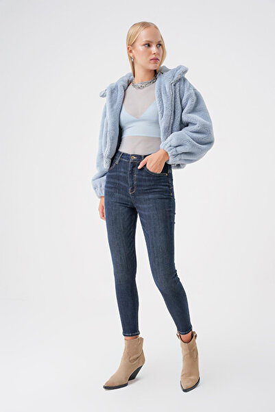 BPF Koyu Mavi Vintage Şekillendiren Etki Push Up Yuksek Bel Skinny Jean