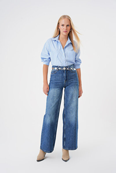 BPF Koyu Mavi Yuksek Bel Wide Leg Jean