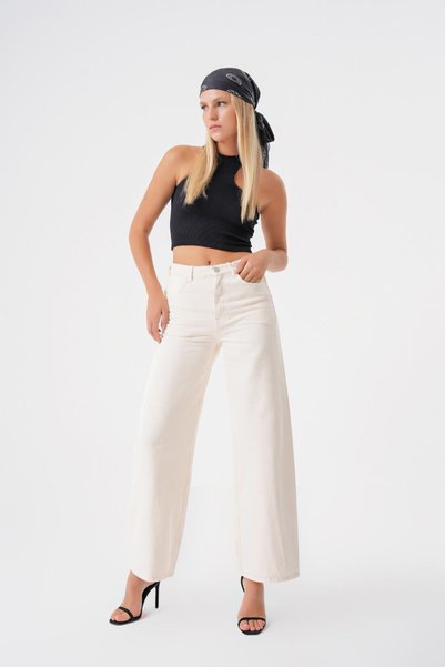 BPF Beyaz Yuksek Bel Ekstra Wide Leg Jean
