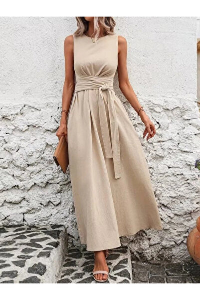 Butik Kadın Omuzlardan Açık Belden Bağcıklı Uzun Aerobin Elbise