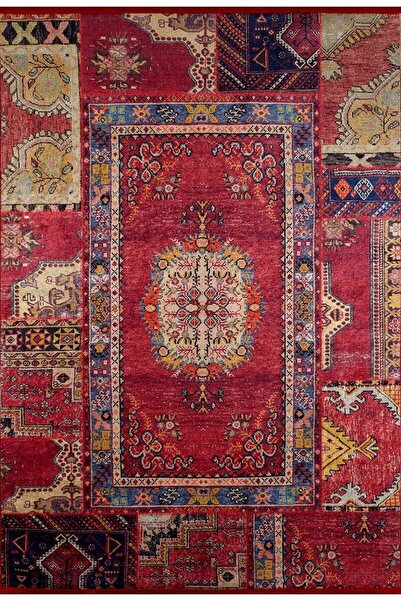halinet Kırmızı Patchwork Dijital Baskı Modern Salon Koridor Mutfak Yıkanabil...